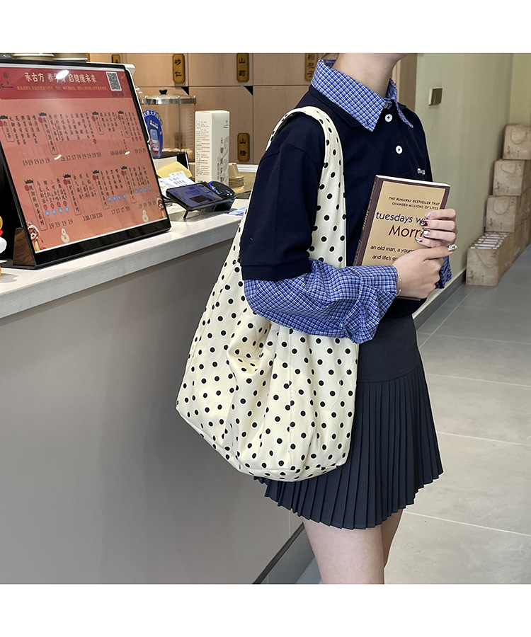 韩系小众ins牛仔帆布包休闲简约布袋大容量学生单肩托特包波点包详情9
