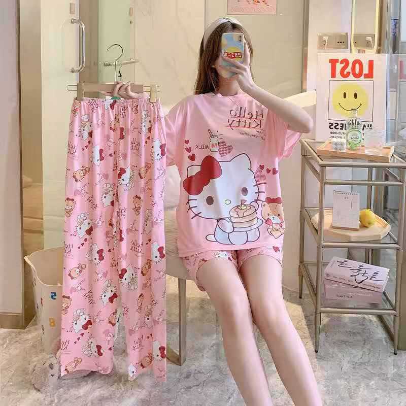 pajamas外贸工厂批发卡通夏季睡衣女短袖大码长裤三件套家居套装详情14