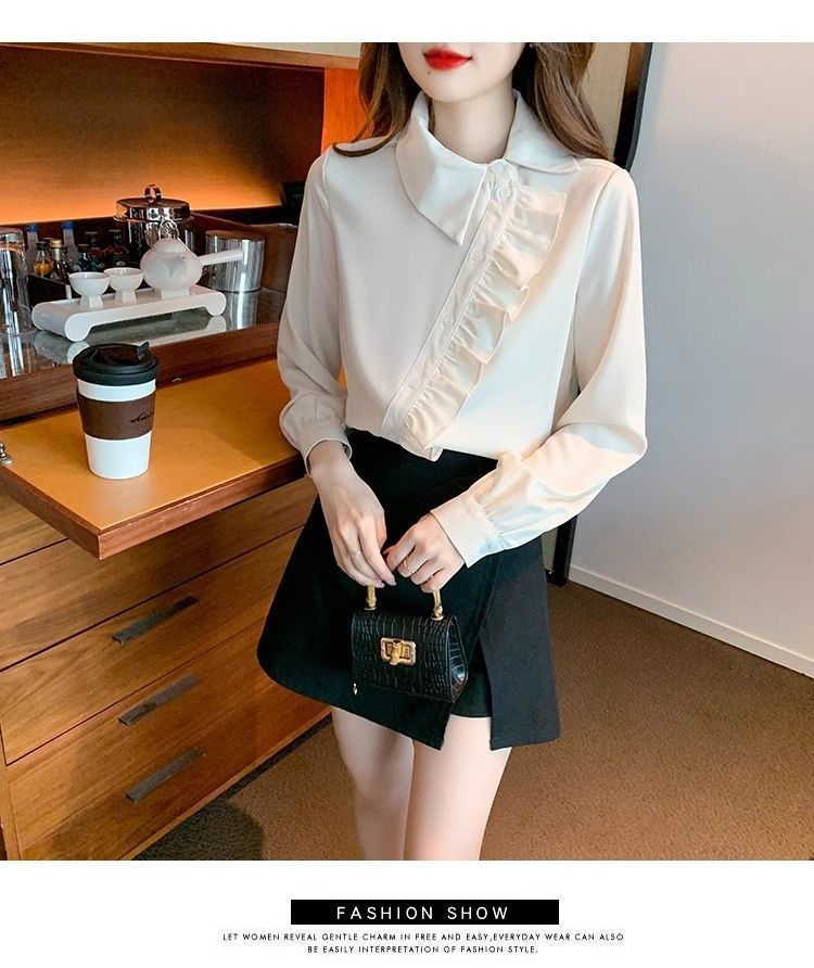 Irregular ruffled lapel shirt top for women, a unique and stylish autumn/winter 2025 new style shirt pic 13