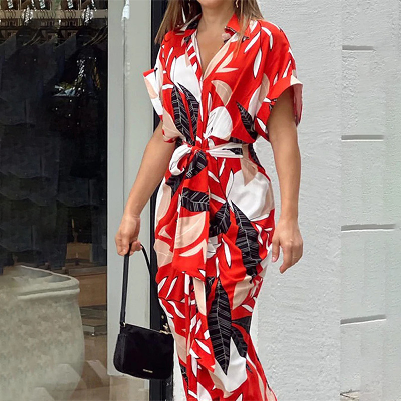 Printed Lapel Short-Sleeved High-Waisted Long Shirt Dress详情4
