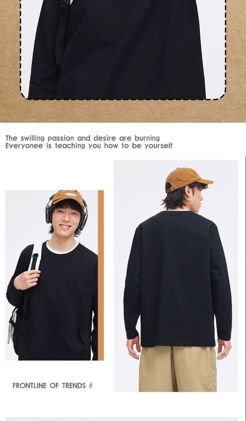 100% pure cotton long-sleeved men wear a simple and loose ins Harajuku style base layer, a student Korean-style top and a white T-shirt pic 3