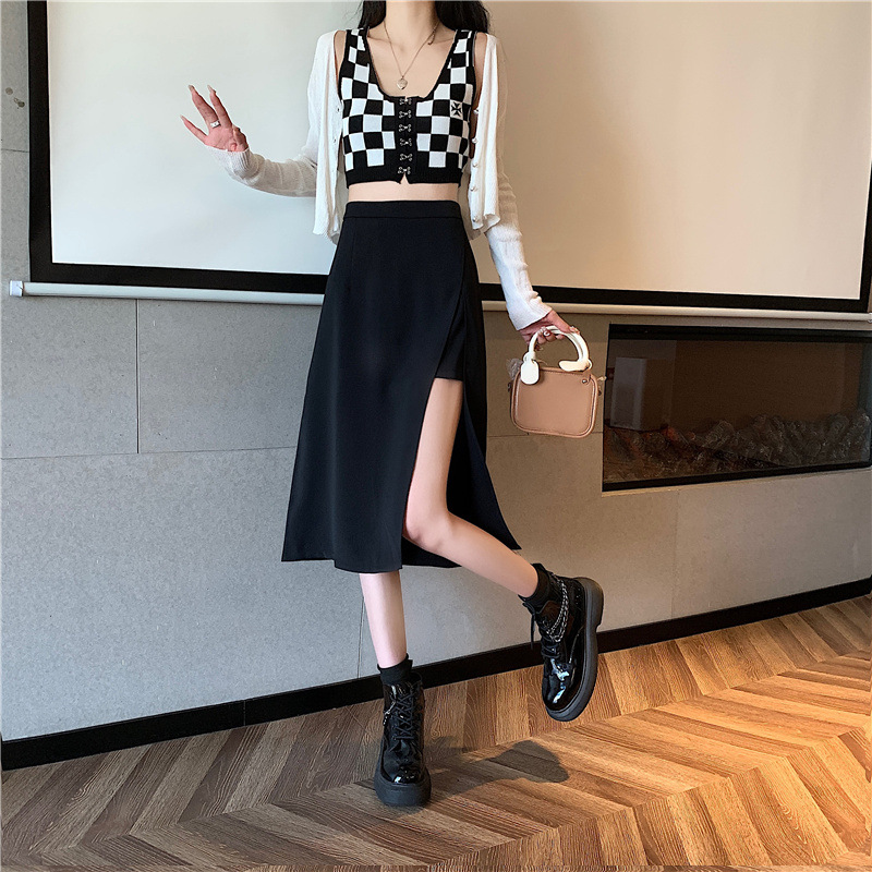 秋冬半身裙中长款2024新款女黑色开叉不规则气质时尚高腰包臀裙子详情3
