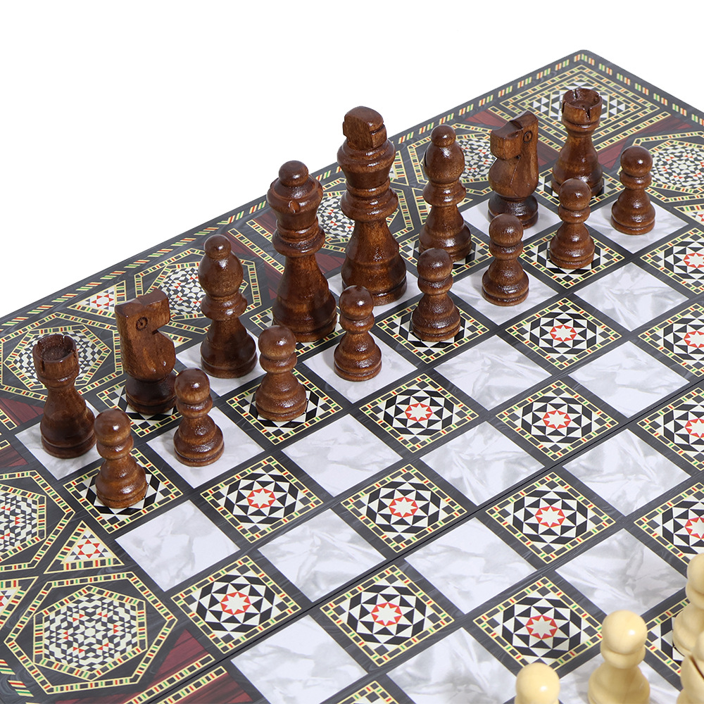 Wholesale of international chess casual entertainment chessboard with dark wooden patterns, three-in-one, high-end feel, portable folding, and for export pic 7