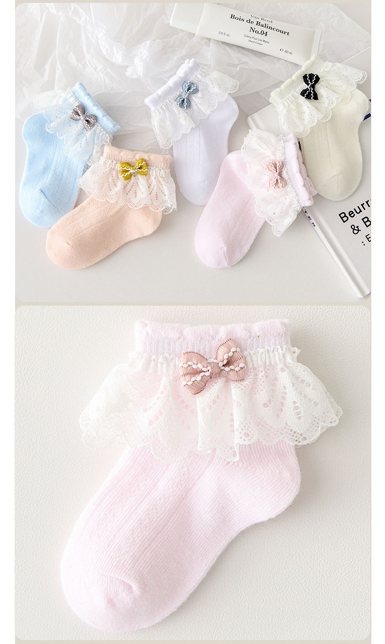 新生婴儿袜子幼儿女童春夏薄款蝴蝶结公主纯棉宝宝花边袜蕾丝女宝详情7