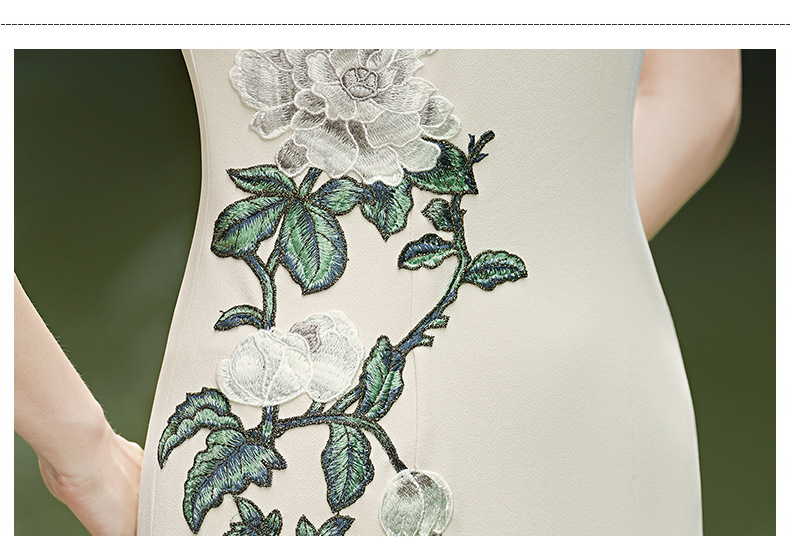 The new national trend cheongsam fashion show performance dress, short-sleeved slimming etiquette figure performance dress, is full of greenery pic 5