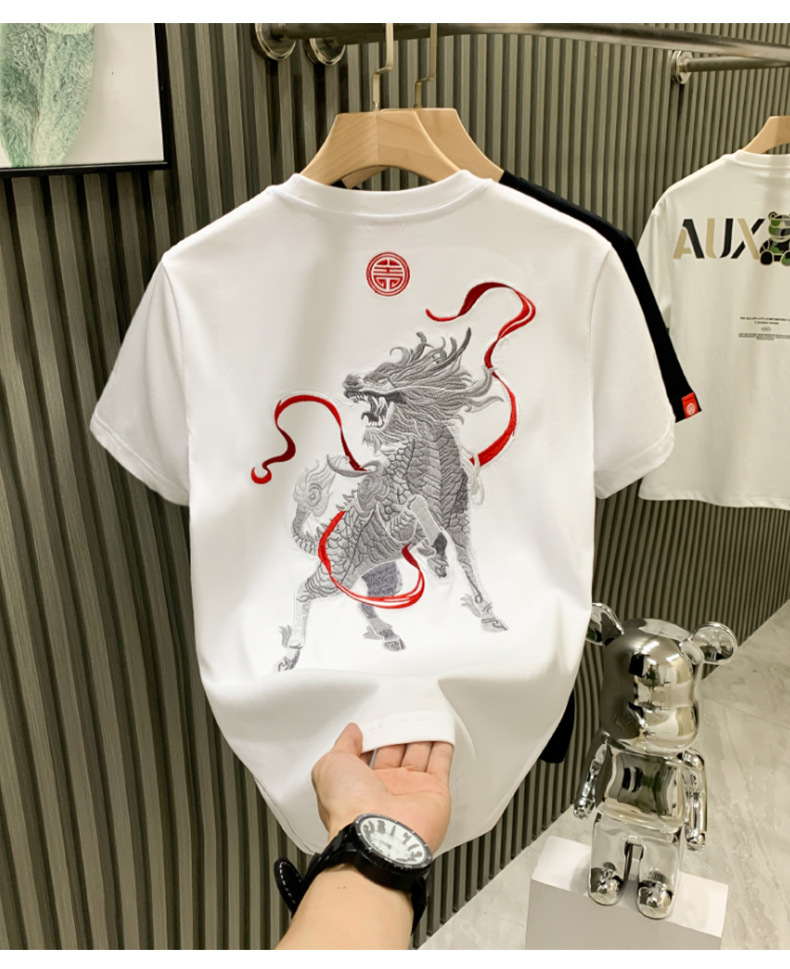 The new short-sleeved T-shirt for men in the summer of 2024 for the European station of the streetwear brand, featuring heavy industry Qilin embroidery, is a half-sleeved shirt for young people pic 5