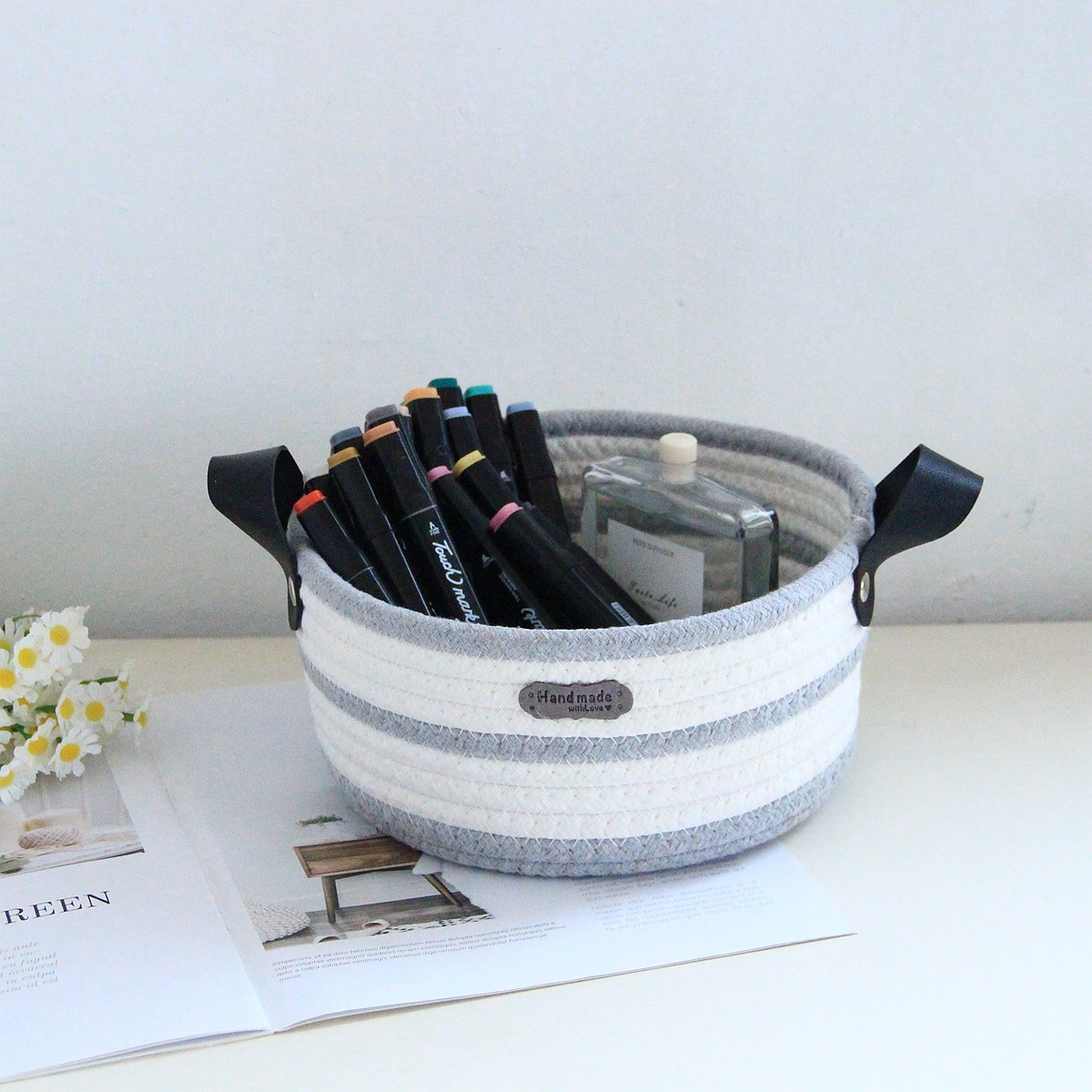 Round cotton rope woven storage basket with leather handle, InS-style desktop storage basket, cosmetics and toys storage box, Nordic style pic 23