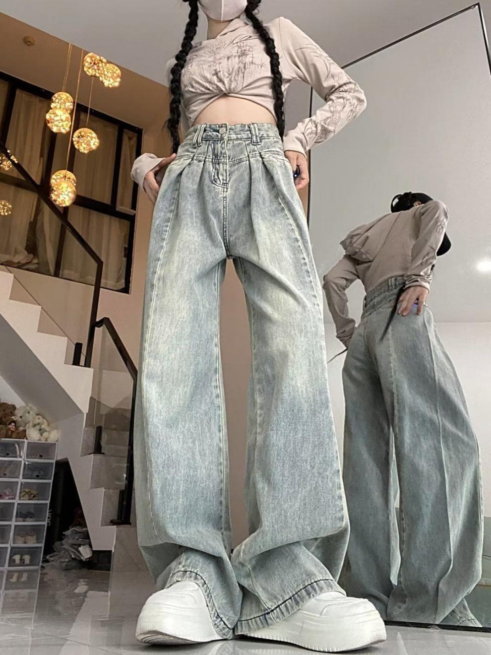 浅色复古阔腿高腰牛仔裤女秋季显瘦宽松大码胖拖地垂感直筒裤子XH详情4