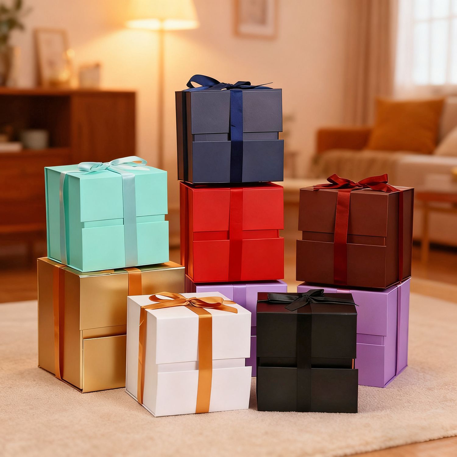 跨境外贸正方形折叠礼盒创意礼品盒大中小号磁铁翻盖丝带折叠盒一片式礼物盒详情2