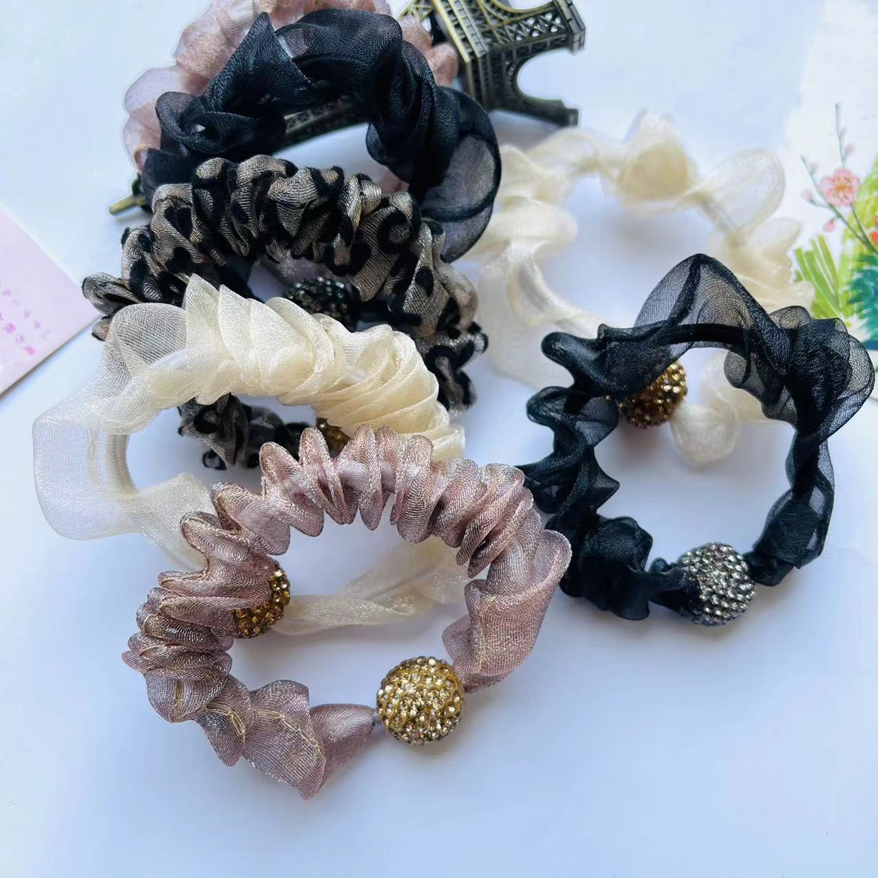 No. 107 5-yarn diamond ball 100 per bundle, a popular new and internet-famous hair tie, silk yarn diamond ball small intestine hair band, hair tie, bun hair decoration for girls pic 3