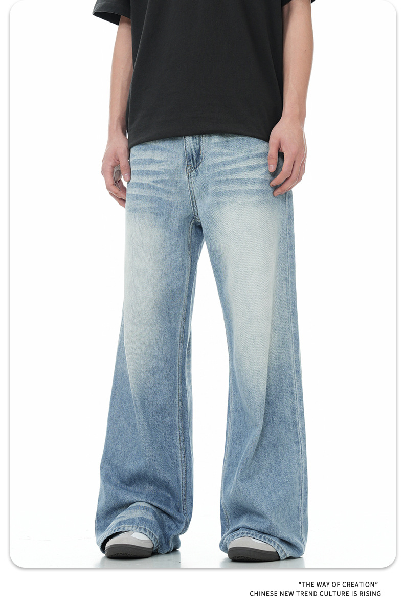 11KN American sunny blue soft jeans for men and women, retro cat whiskers washed for slimming, three-dimensional drape, loose and casual trousers pic 14