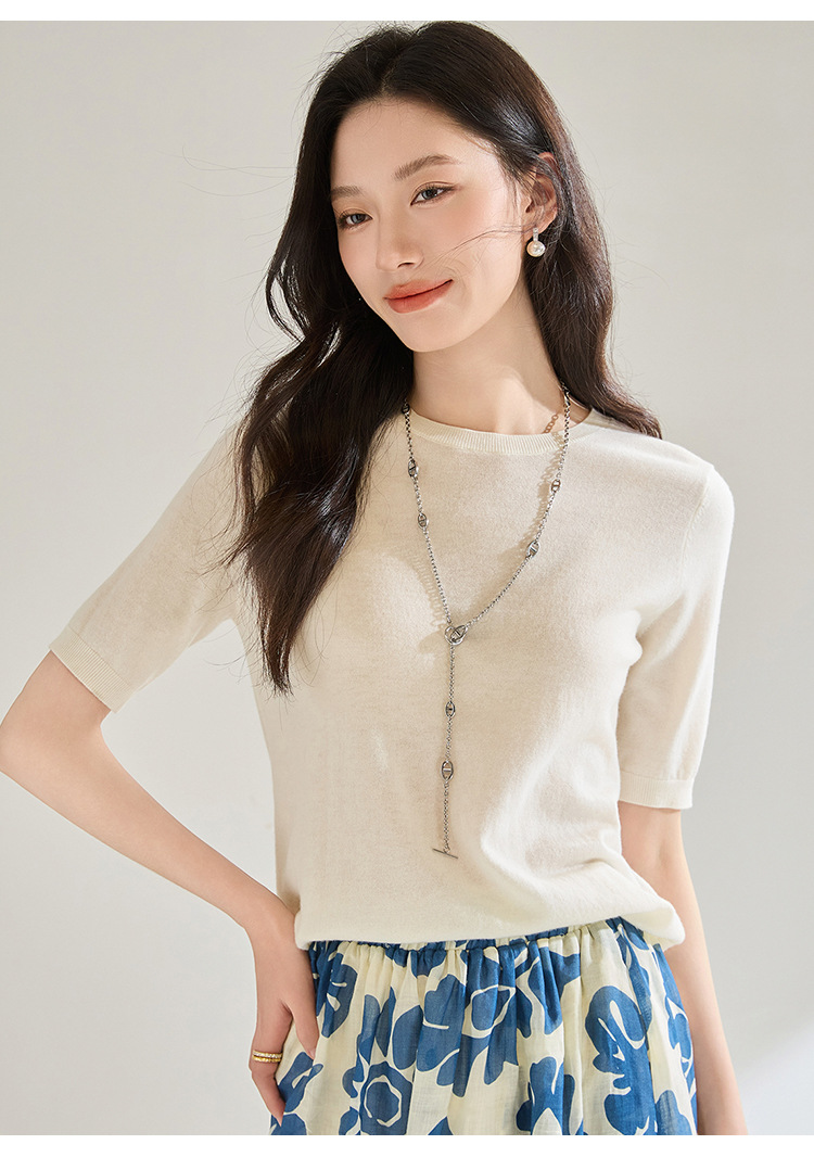 Summer 100% wool short-sleeved round-neck base knitted sweater for women, loose and elegant, versatile T-shirt and sweater 25252 pic 9