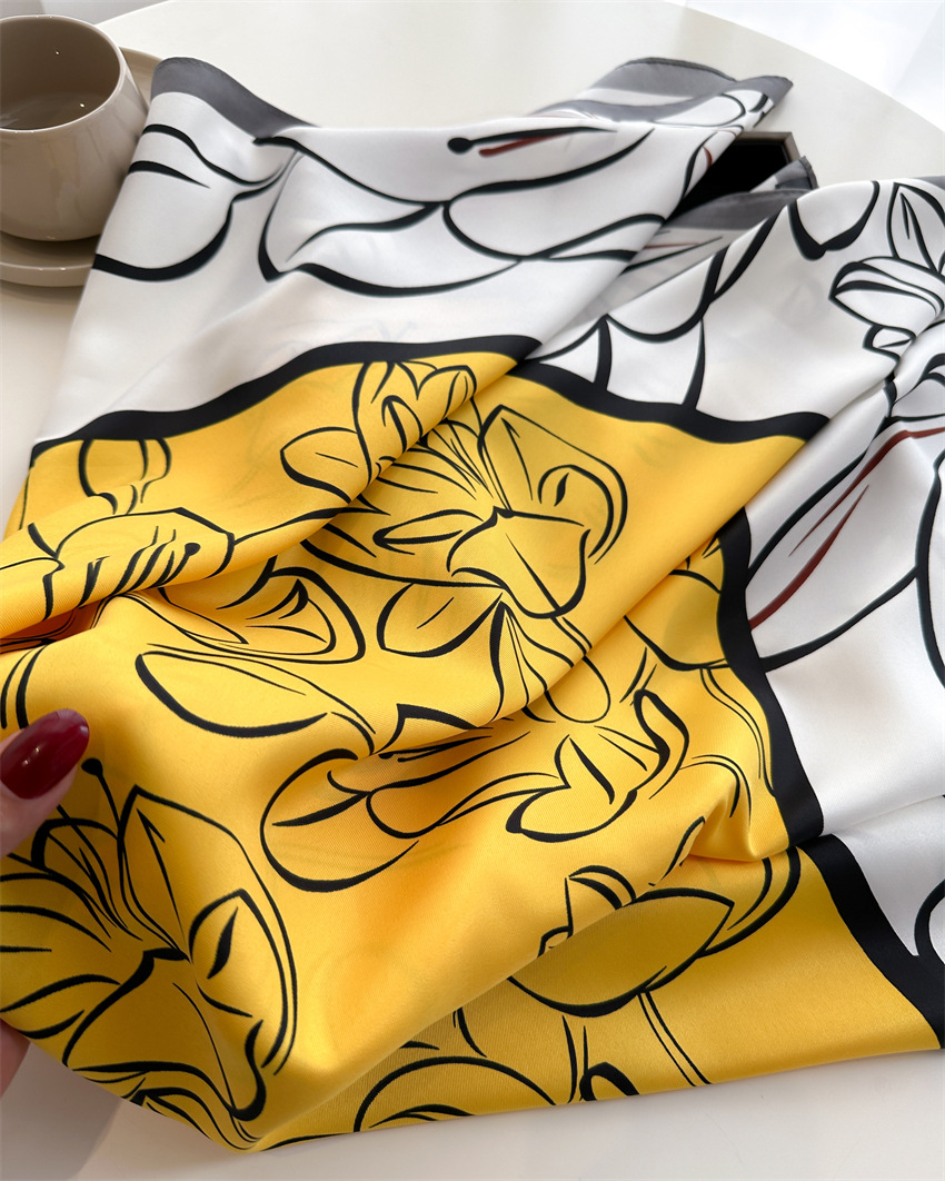 National trend retro printed artistic silk scarf, 90cm twill silk scarf, lotus flower fashionable large square scarf, sun protection shawl headscarf pic 14