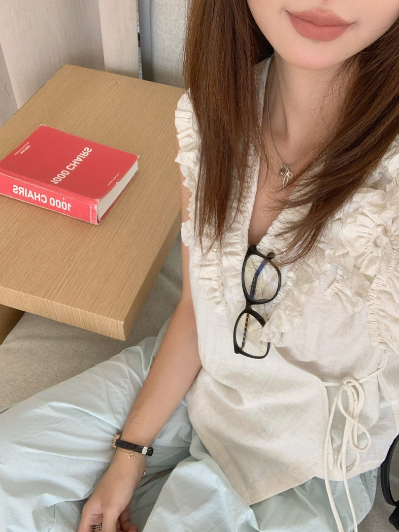GAGD木耳边立体花朵法式亚麻背心不对称设计感无袖衬衫绑带上衣详情23