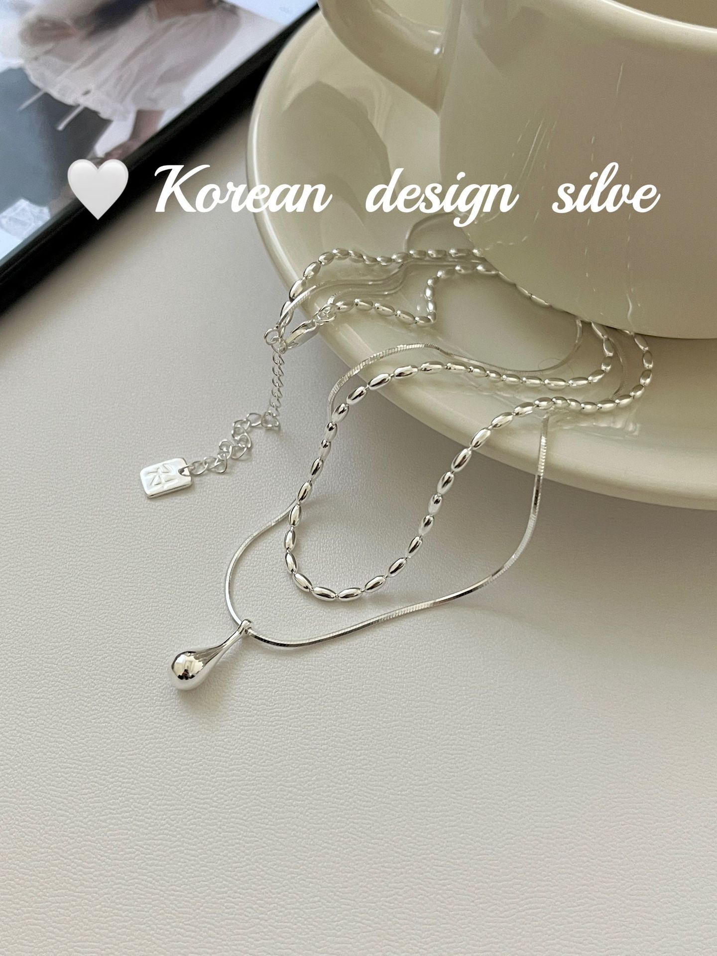韩国小众设计亮银饰品 S925纯银双层橄榄水滴项链高级感叠戴ins风详情9