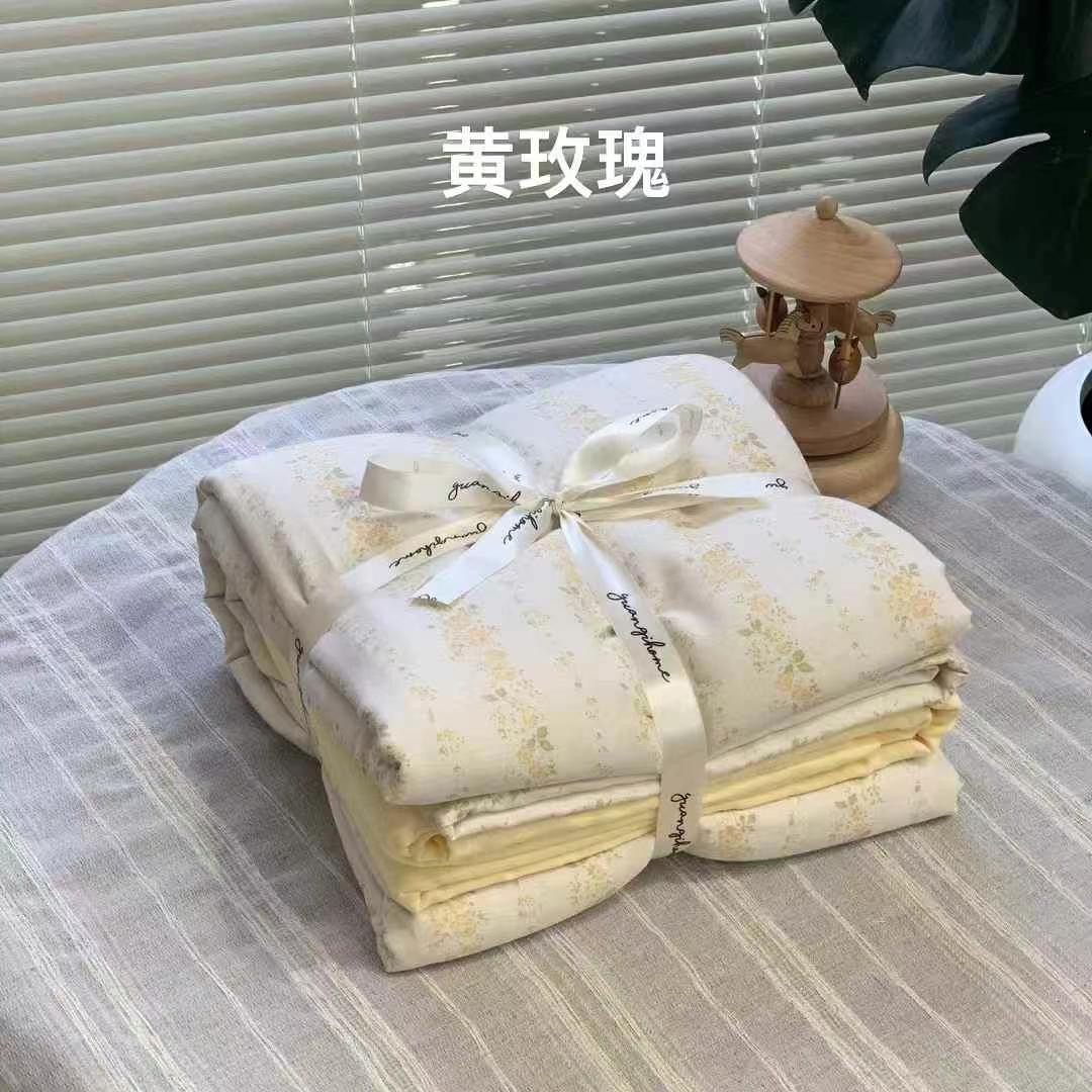 A set of three or four pieces with fresh small floral print double-layer yarn, pure cotton soft naked sleeping quilt cover and cartoon bedding pic 51
