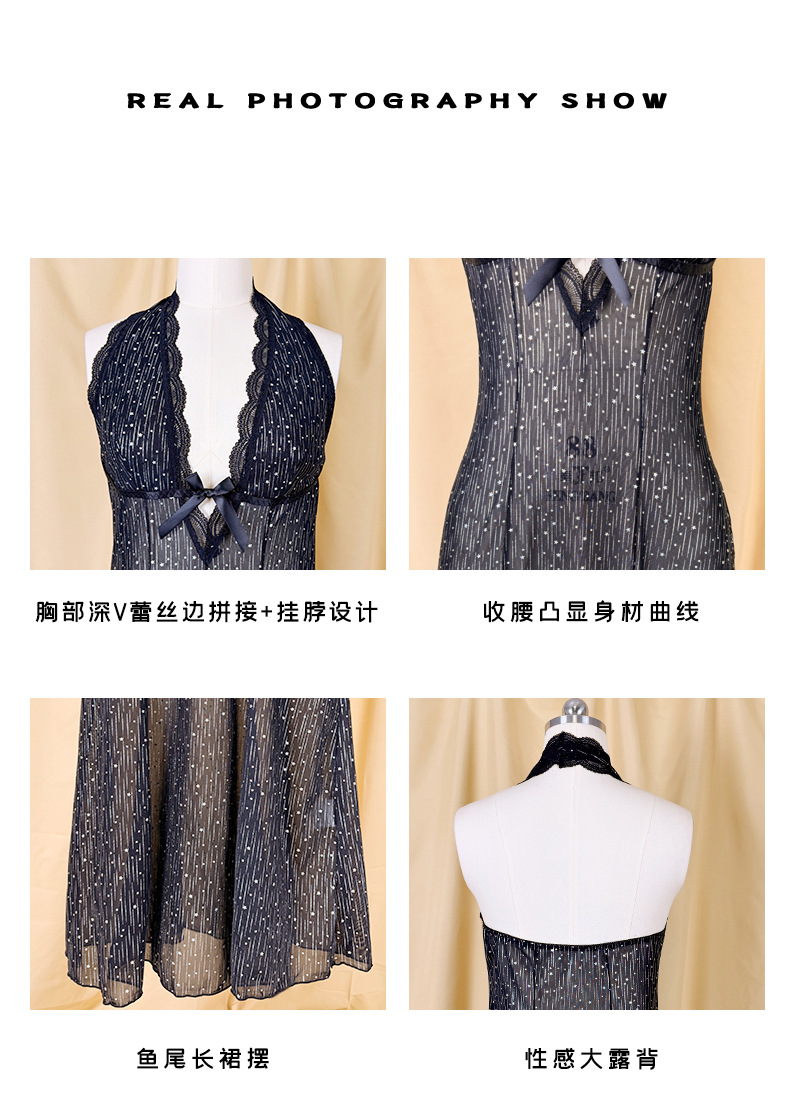 Black silk see-through dress for export, neckline, deep V-neck, backless, slim fishtail, sexy sleeping dress 1155 pic 5