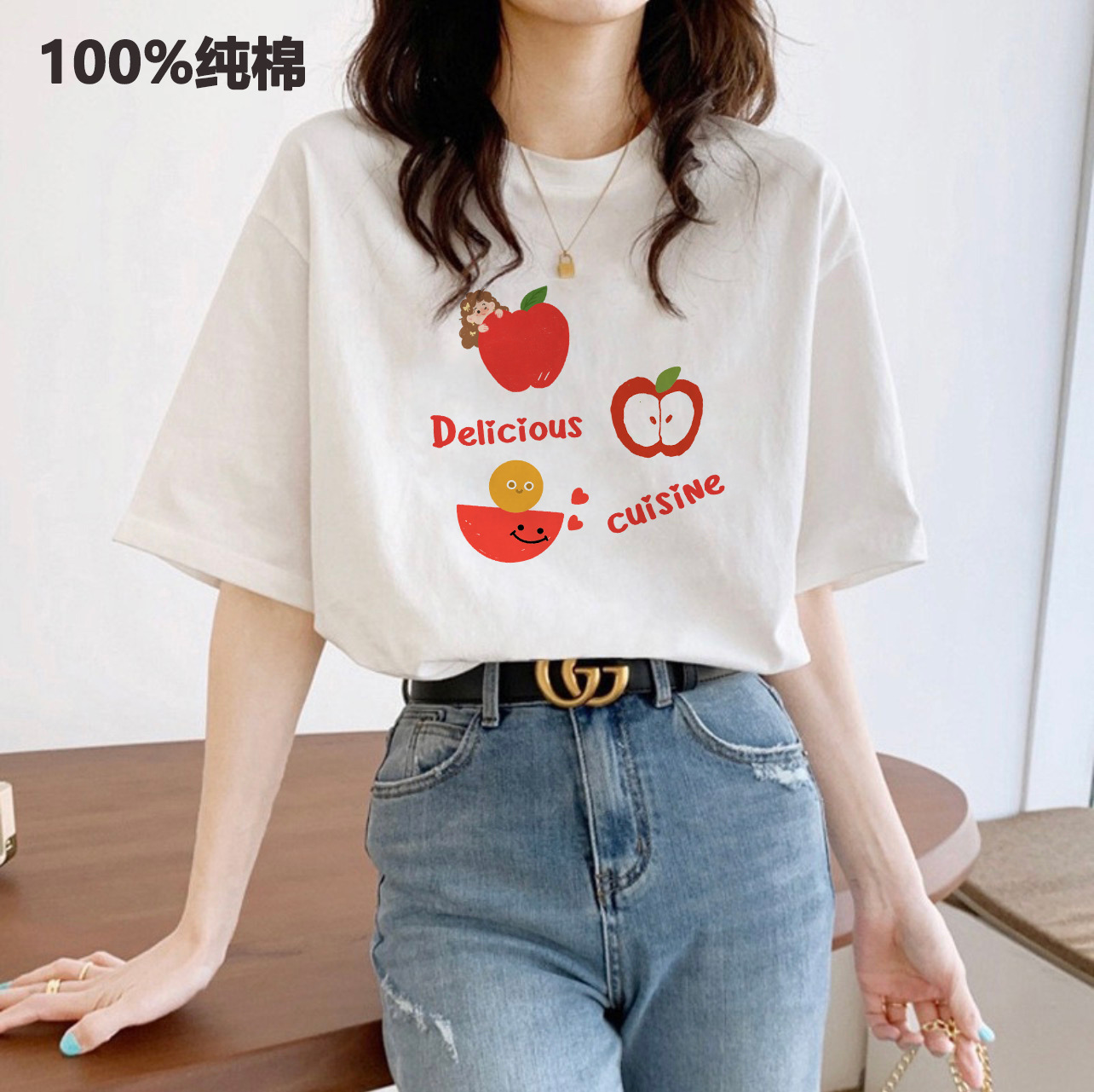 This new pure cotton short-sleeved T-shirt is a perfect match for women in summer. It features a printed off-the-shoulder top with a loose round neck and a Korean-style Instagram inside pic 11