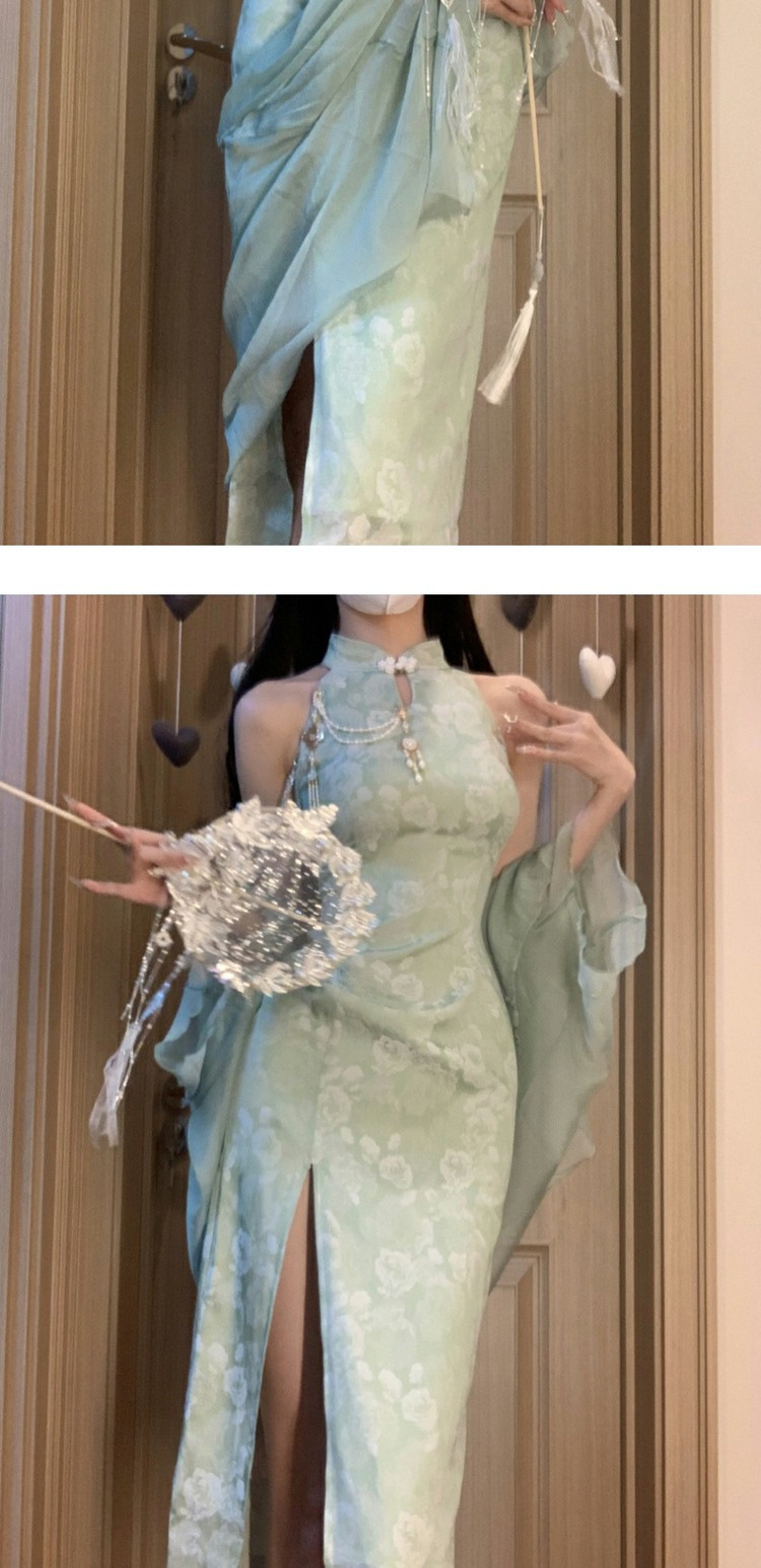 新中式绿色挂脖连衣裙女夏季旗袍改良年轻款气质开叉露肩无袖长裙详情10