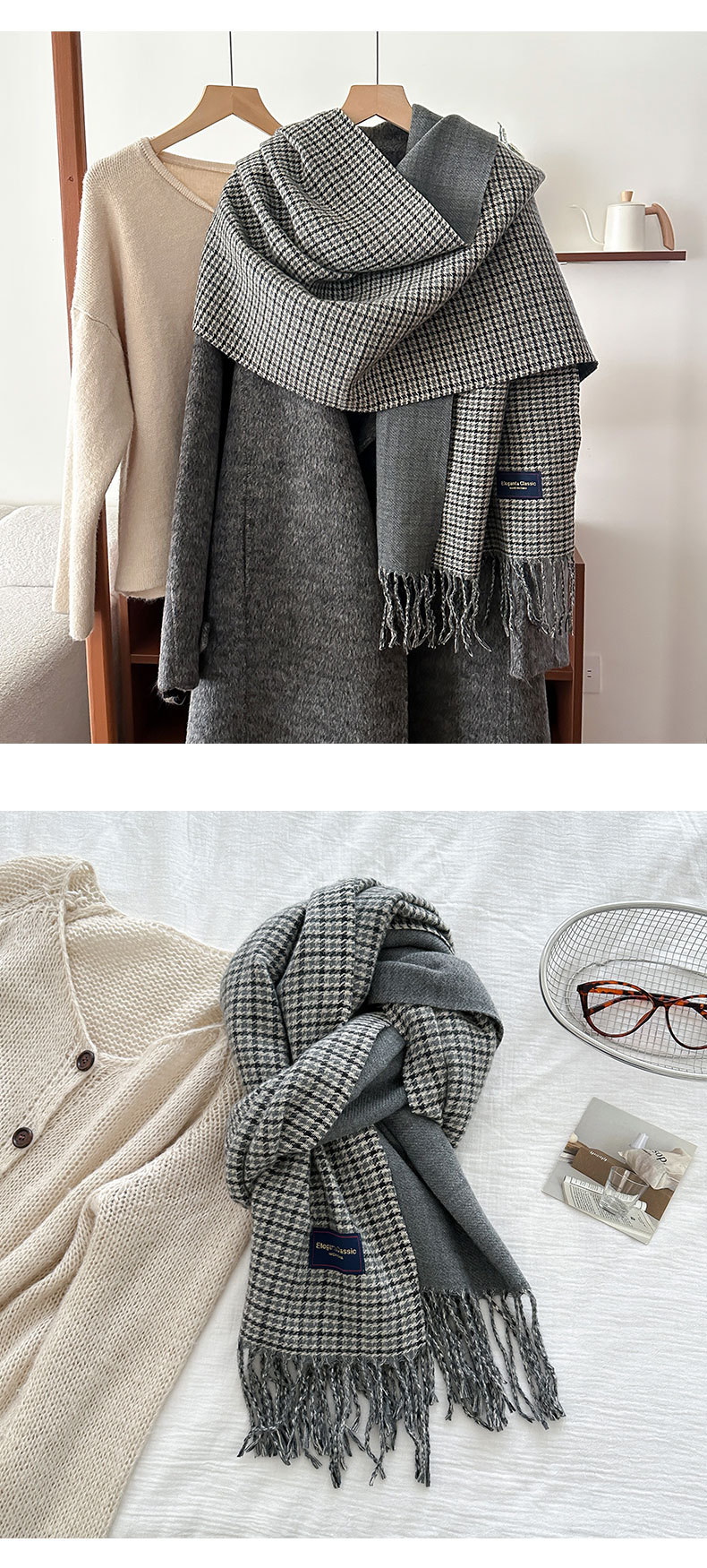 New autumn and winter warm couple and student double-sided checkered faux cashmere scarf, women's Korean version thickened tassel foreign trade scarf pic 13