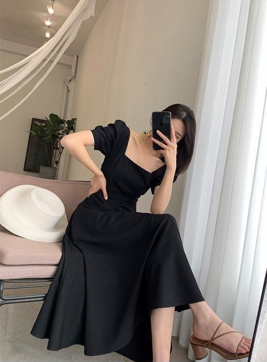 连衣裙2024夏新款ins茶歇裙气质一字领过膝长款赫本风胖mm小黑裙详情12