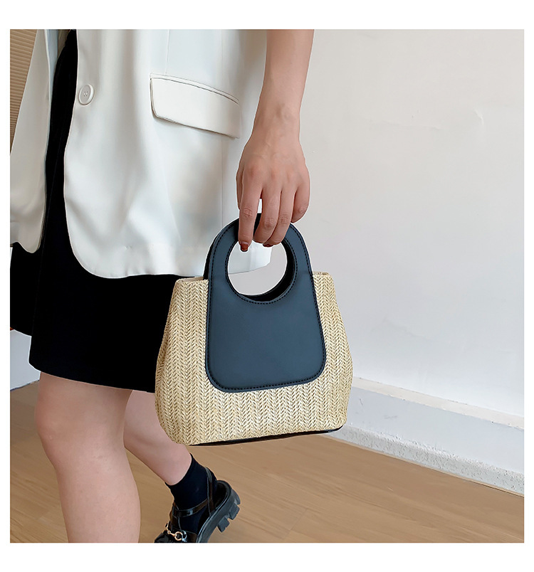 2023夏季复古撞色拼接草编包大容量手工编织包简约时尚单肩手提包详情9