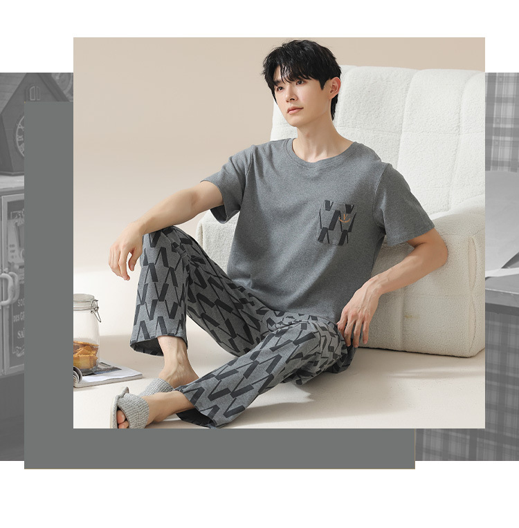 Summer pure cotton pajamas for men, cartoon casual short-sleeved shirts and long pants, pure cotton comfortable home wear, summer youth student set pic 91