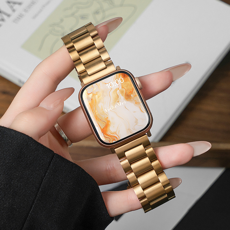 适用苹果iwatch手表表带applewatchs9三株金属腕带男女士高级钢带详情3