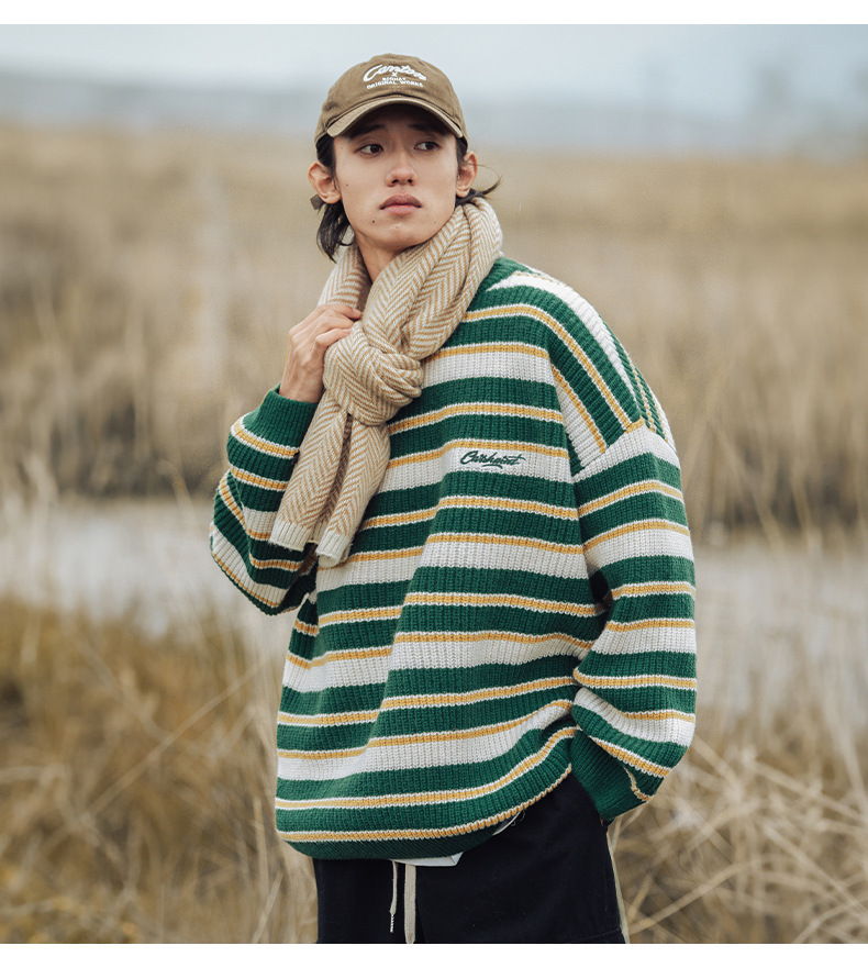 Retro color-blocking striped chunky knit sweater for both men and women, Japanese loose trendy round-neck knitted sweater jacket for autumn and winter pic 15