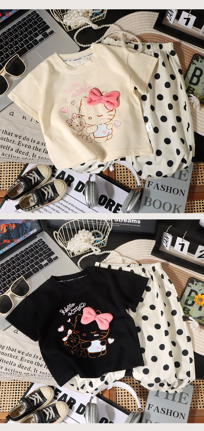 Traje de manga corta de verano para niñas camiseta de dibujos animados algodon wave dot pantalones versión coreana para mujeres bao dulce ropa al por mayor a pic 4