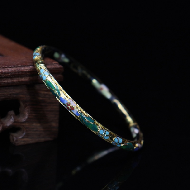 Beijing Cloisonne vintage collectibles, classical ethnic style copper body cloisonne enamel jewelry, gold base open bracelet pic 6