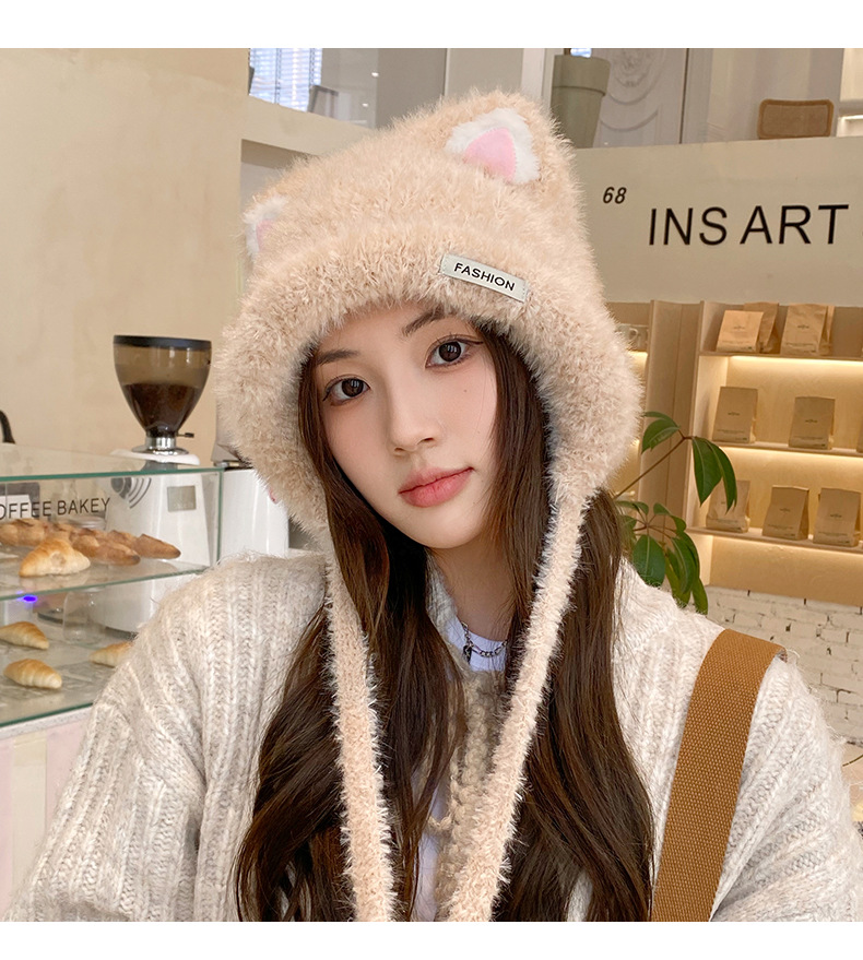 Brand [Sondona] Woolen hat, suitable for all ages, new winter style for women, cartoon and cute little cat, knitted woolen faux rabbit fur, warm ear-protecting hood pic 24
