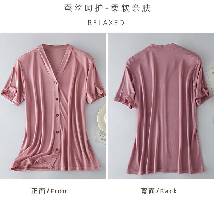 Heavyweight knitted silk V-neck cardigan T-shirt for women, simple and elegant mulberry silk, versatile top, skin-friendly and breathable short-sleeved pic 2