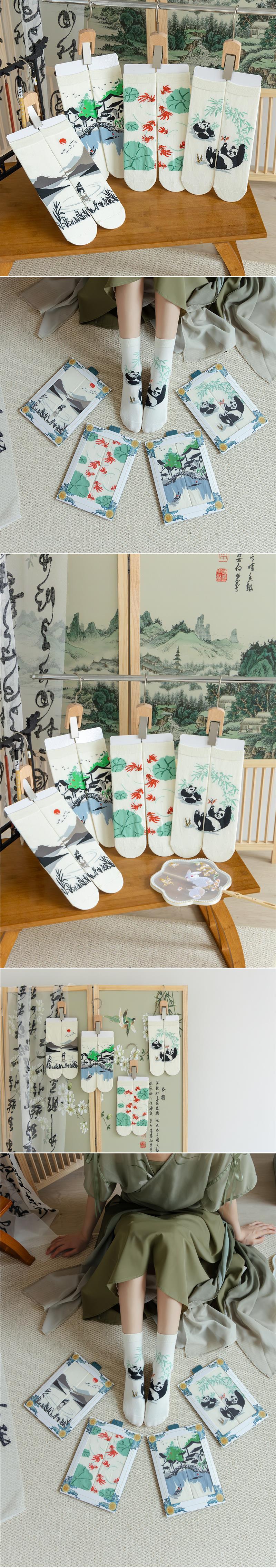 国潮原创设计古风精梳棉男女士中筒袜古装国风水墨画绘画熊猫AB版袜子详情1