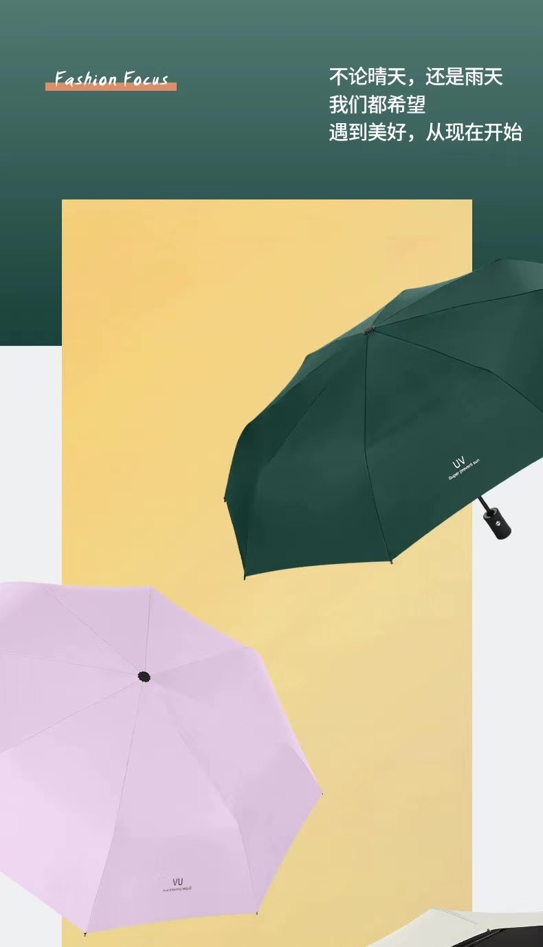 Three-fold fully automatic black rubber sun protection and shade umbrella, all-weather folding sun umbrella, umbrella printed logo advertising umbrella pic 3