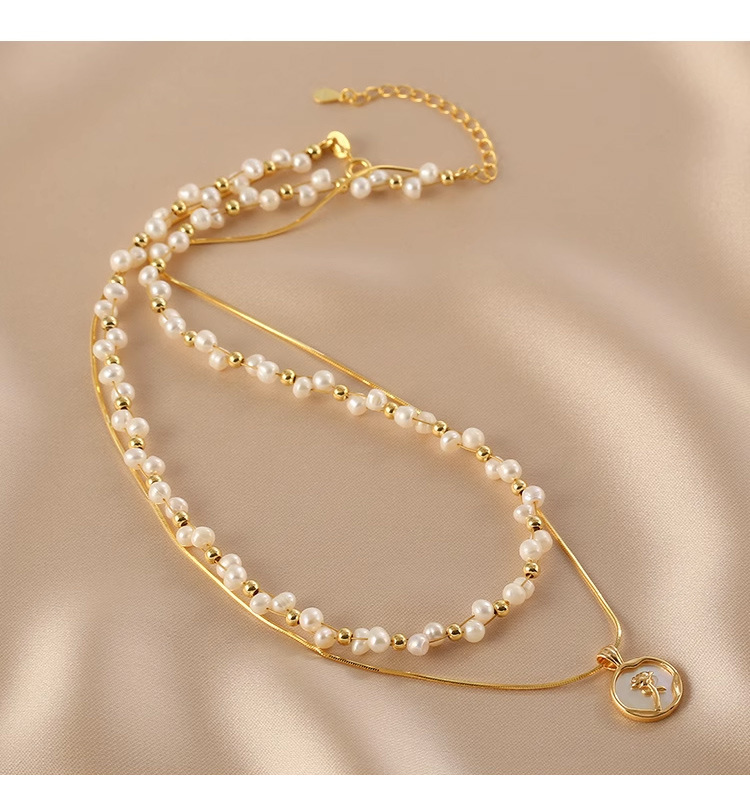 淡水珍珠双层叠戴链滴油玫瑰花项链交叉编织小颗粒淡水珍珠锁骨链详情5