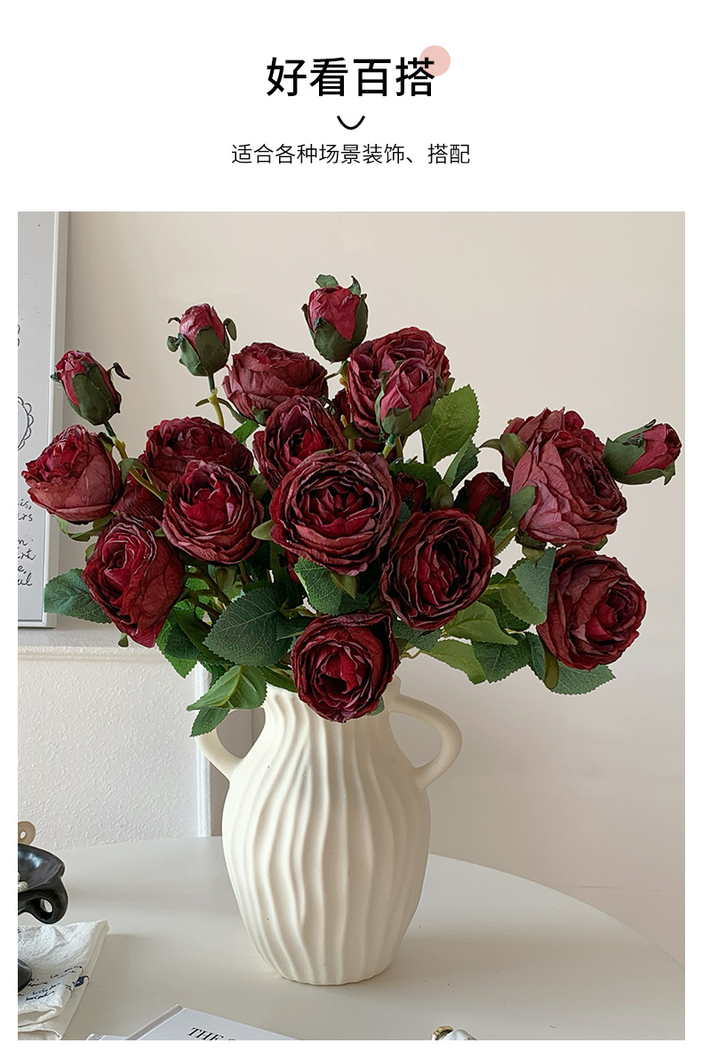 欧式烤边5头玫瑰花仿真花假花花束家居客厅装饰婚庆布景插花批发详情6