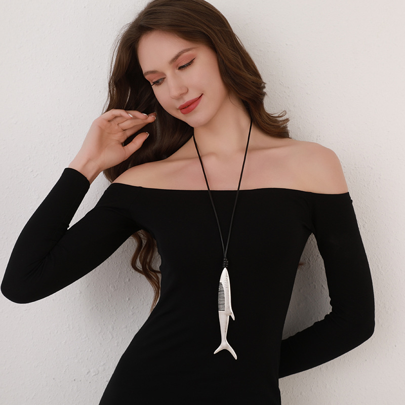 跨境亚马逊欧美定制长项链鱼形吊坠简约风独特设计毛衣链时尚饰品详情6