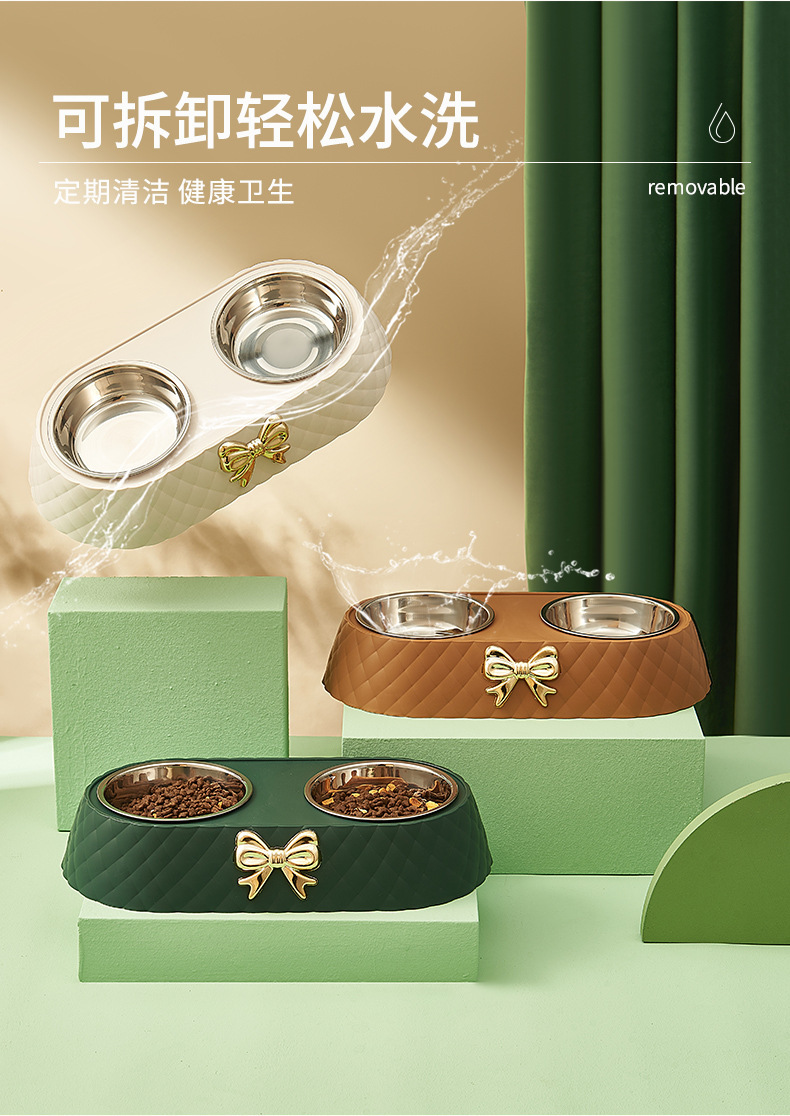 Bow-shaped pet double bowl dog food set, stainless steel double bowl anti-knock and anti-slip, light luxury style cat bowl wholesale pic 6