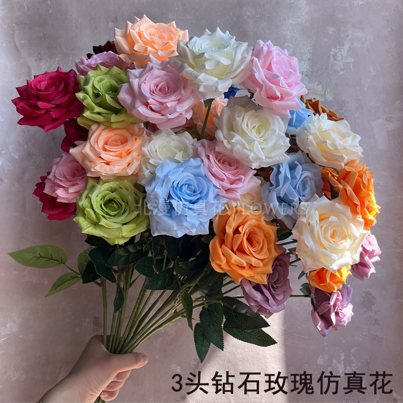 三头钻石玫瑰7头把束钻石玫瑰花婚礼堂装饰卷边钻石玫瑰花仿真花详情1