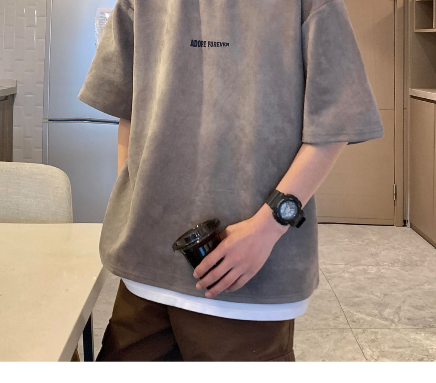 Avocado Green 320g heavyweight T-shirt for men, American retro suede short-sleeved, oversized small collar, three-quarter sleeve pic 23