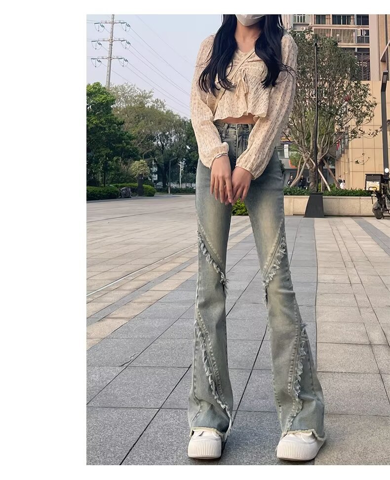 复古微喇小个子牛仔裤春秋2024新款美式毛边高腰马蹄喇叭裤子ins详情4