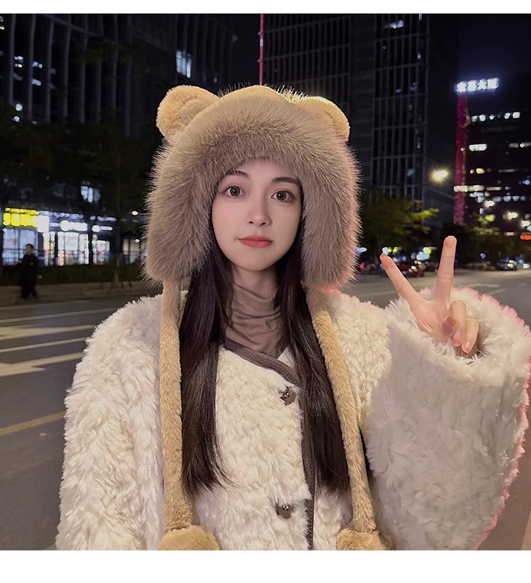 秋冬季可爱小熊毛绒绒百搭护耳包头帽女加厚套头防寒保暖加厚帽子详情22