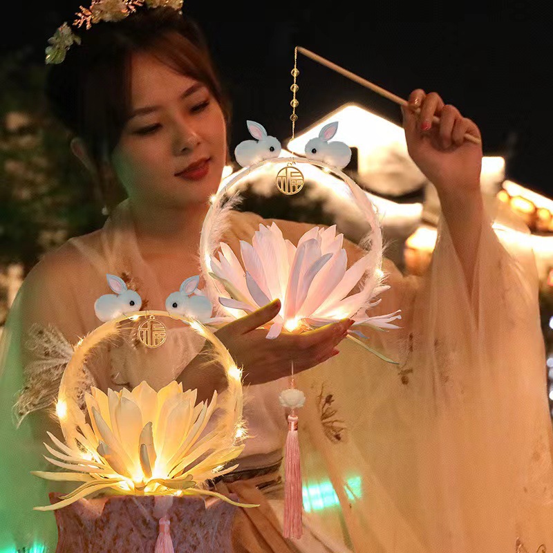 中秋节古风手提儿童兔子花灯昙花羽毛玉兔宫灯发光兔子灯笼成品详情2