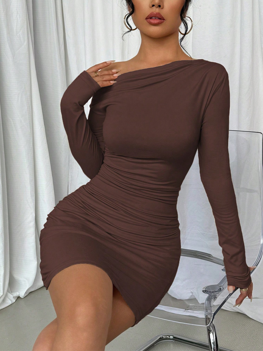 Cross-border foreign trade ins European and American solid-color fitted dress 2025 Autumn new style off-the-shoulder long-sleeved dress, body-hugging dress pic 6