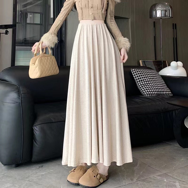 Sweet high-waisted knitted skirt for spring, autumn and winter, paired with sweater, glutinous rice skirt, relaxed and casual A-line long skirt pic 1