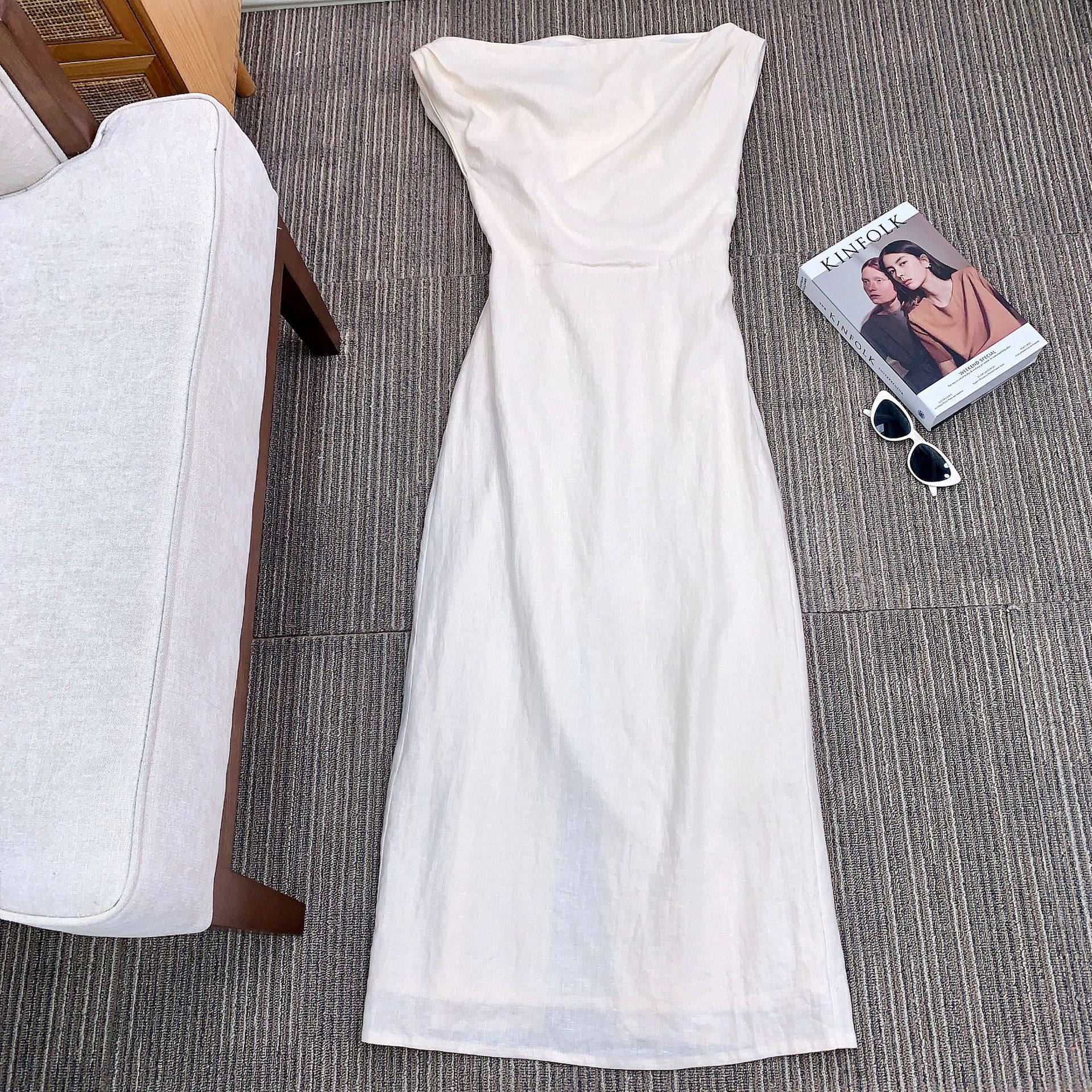 High-count pure linen French vacation-style design off-the-shoulder dress, new Chinese-style dress in stock pic 14