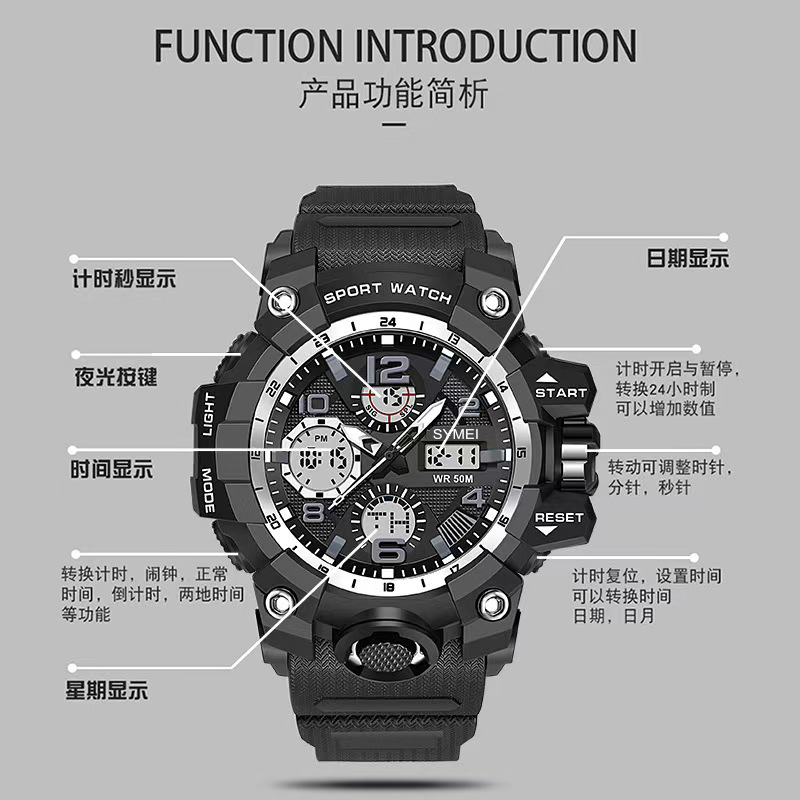 New male student watch with luminous waterproof dual display movement, outdoor chronograph sports fashion trend watch pic 3