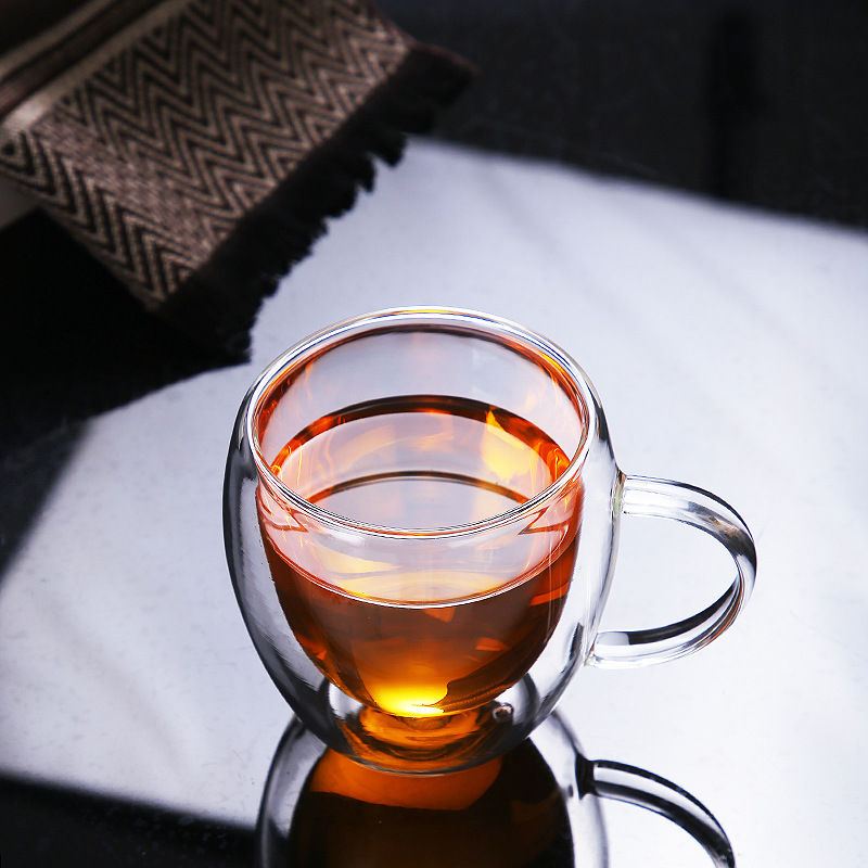 High borosilicate double-layer glass cups, household anti-scald and heat-insulating glass cups with handles, modern and simple egg-shaped coffee cups pic 11