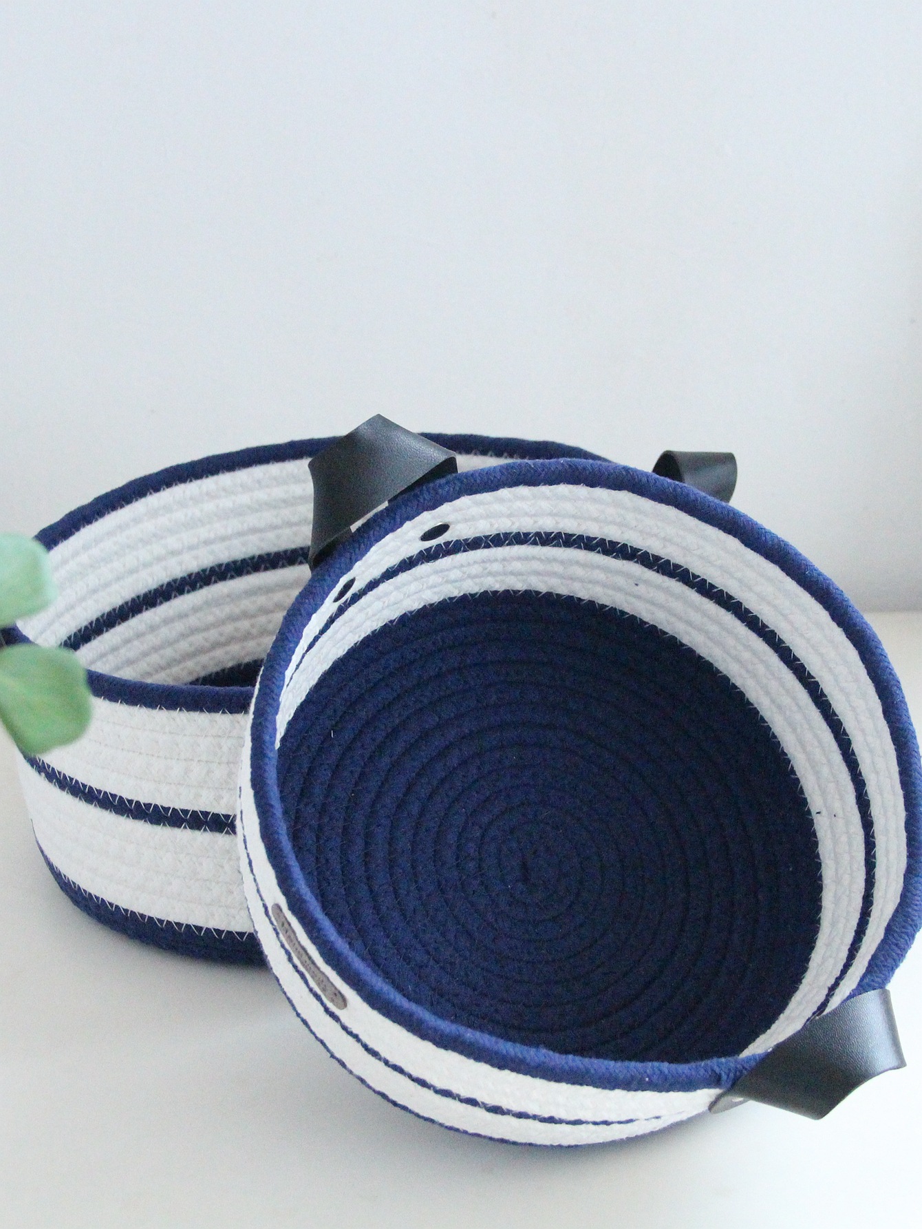 Round cotton rope woven storage basket with leather handle, InS-style desktop storage basket, cosmetics and toys storage box, Nordic style pic 27